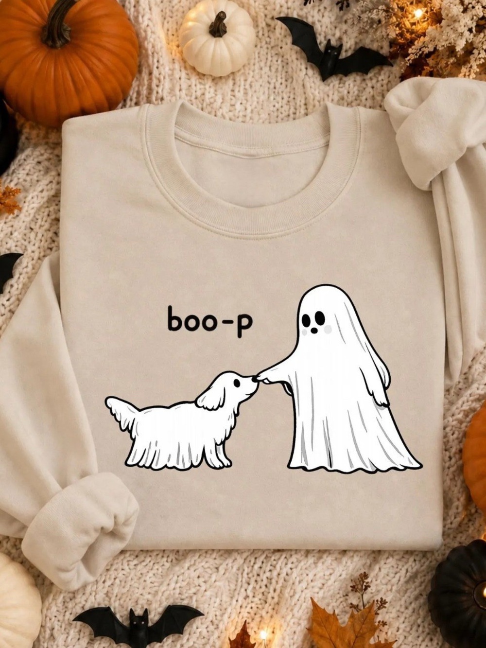Gildan Cream 'boo-p' Ghost & Dog Graphic Sweatshirt, Gift For Her, For Him
